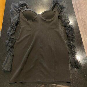 Women's Black Sweetheart Neck Mesh Sheer Ruffle Long Sleeve Bodycon Mini Sz Med